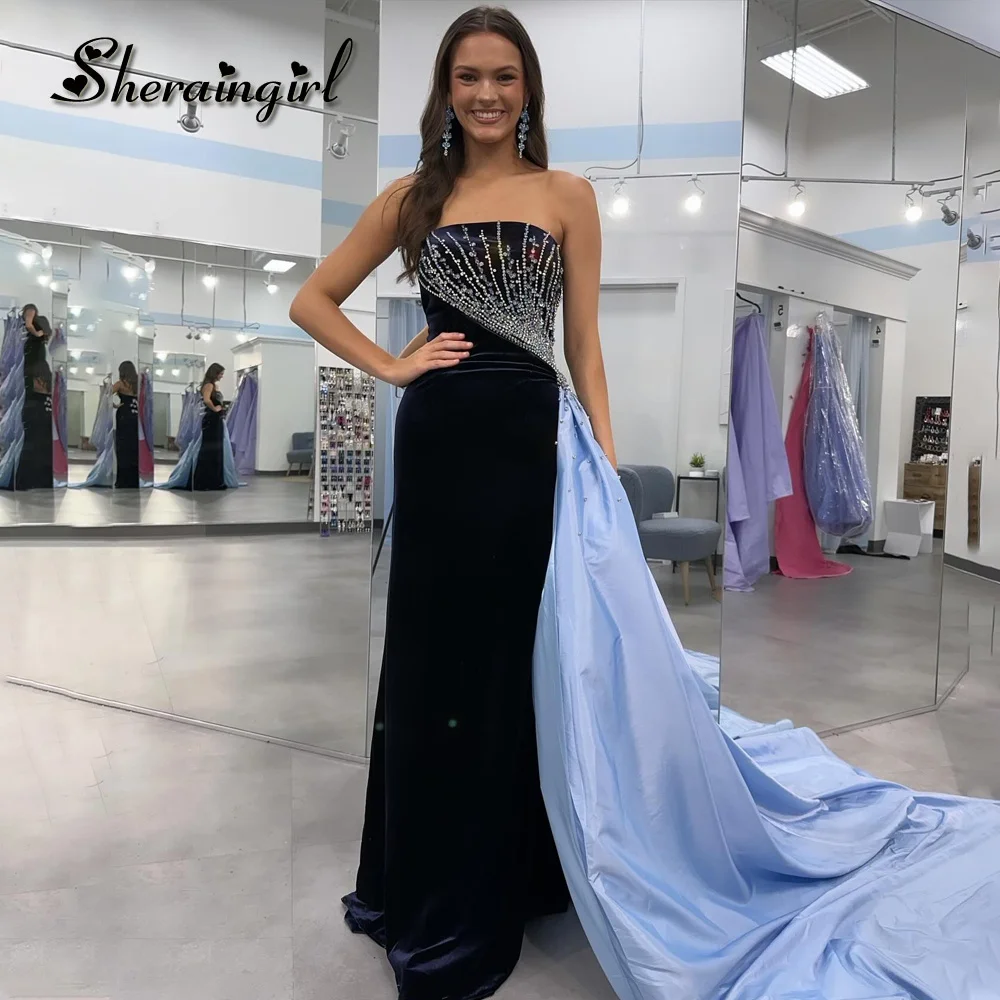 

SHERAIN Attractive Strapless Evening Dresses Beading Rhinestones Chapel Train Pleat Vestidos Elegantes Para Mujeres Custom Made