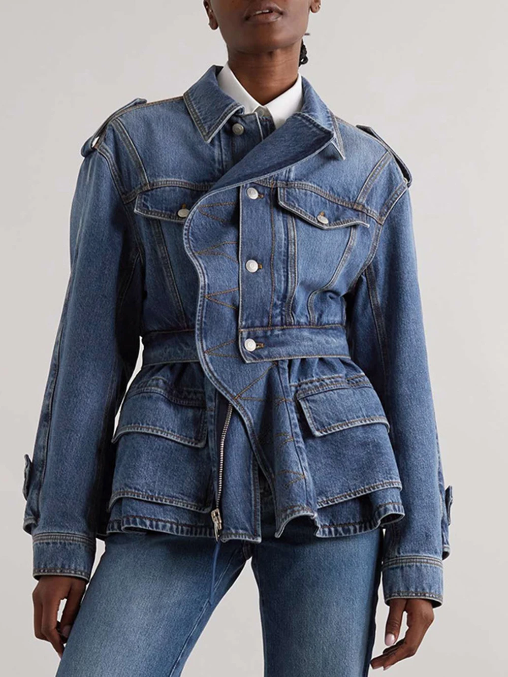 

Персонализированная уличная джинсовая куртка Modphy, новинка 2025, модное однобортное джинсовое пальто с рюшами по краям и лацканами для женщин, джинсы