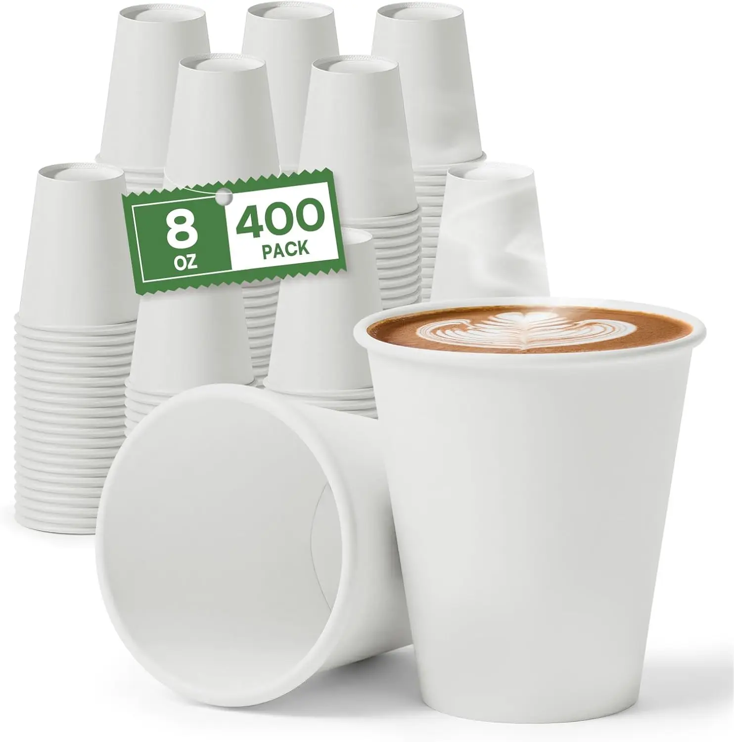 

400 Pack 8 oz Paper Coffee Cups, 300GSM Thickened Disposable Hot Cups, Leak-Proof White Bulk Cups for Coffee, Tea & Hot