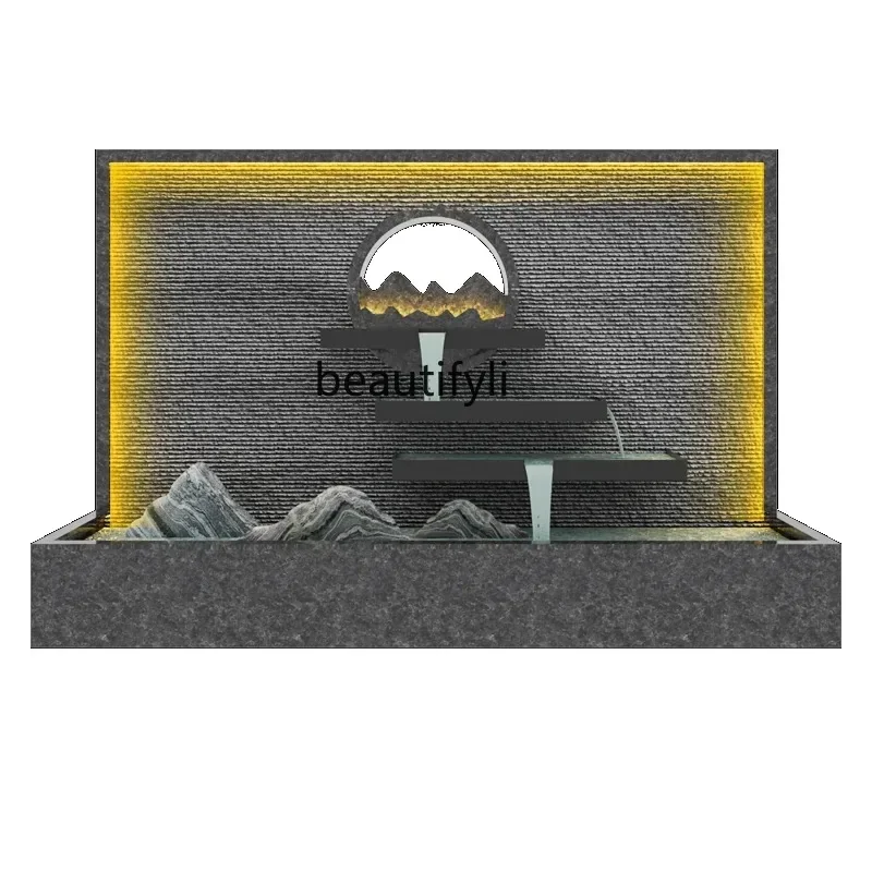 Granite stone water curtain wall courtyard water feature fish pond background wall entrance running water screen