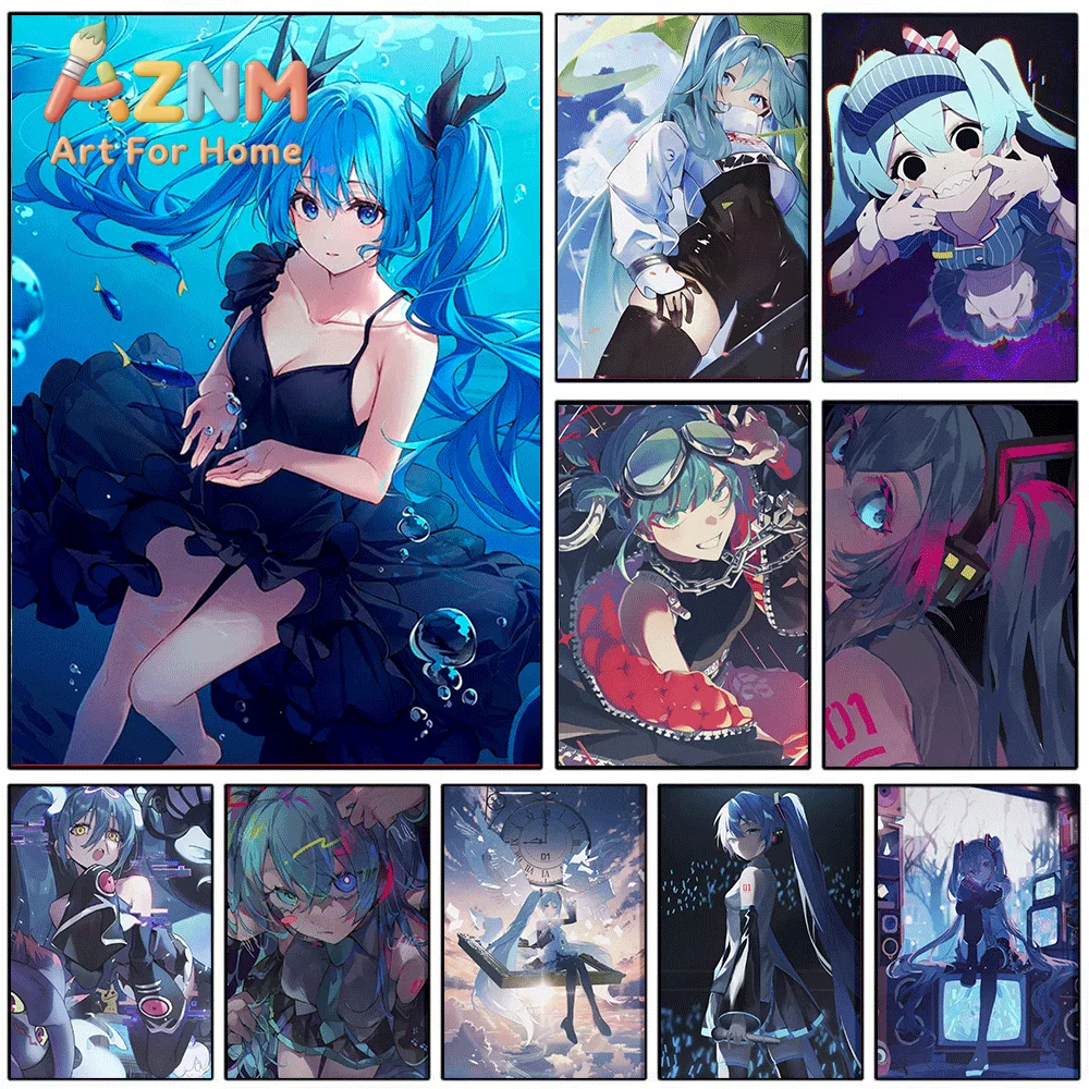 AZNM Hatsune Miku Underwater Theme Canvas Painting, Frameless Canvas Wall Art, Virtual Singer Anime Wall Painting for Bedroom