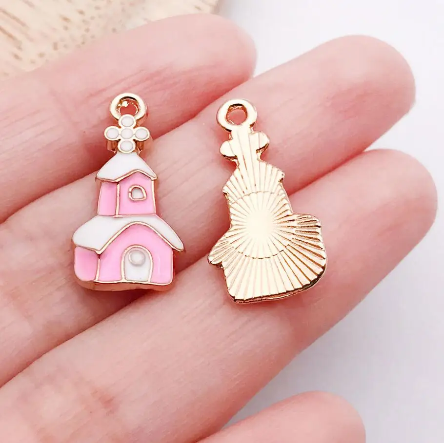 10Pcs Christmas Series Pink Enamel Castle House Alloy Charms Pendants For DIY Bracelet Necklace Keychain Jewelry Making