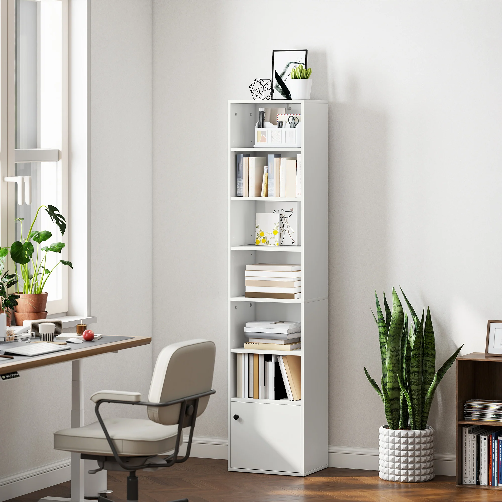 Librería de 7 Niveles Estantería para Libros Moderna con Estantes Abiertos y Puerta 40x30x180 cm Blanco