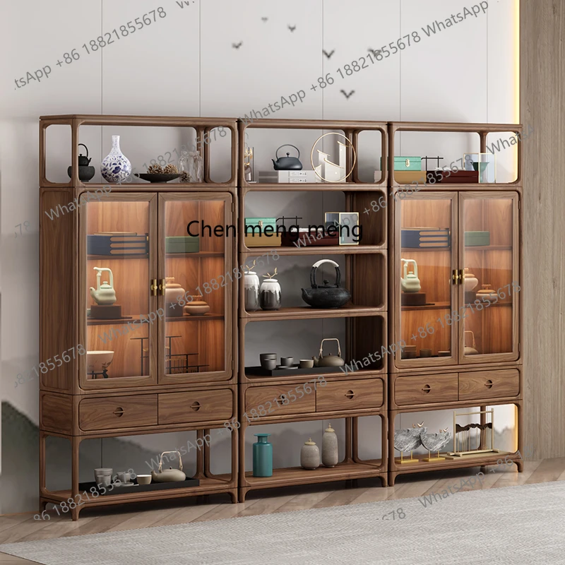 

New Chinese-style all-solid wood bookcase with glass door dustproof old elm bookshelf combination light luxury black walnut
