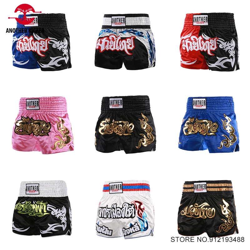 

Short Muay Thai Boxing Shorts Womens Men Kids Gym Embroidery Martial Arts MMA Clothing Satin Polyester Fighting Kickboxing Pants