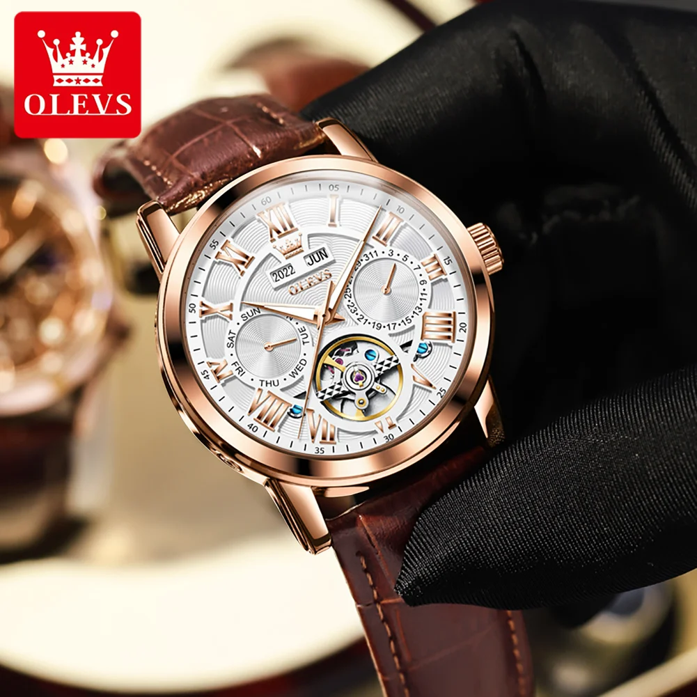 OLEVS 6668 Top Luxury Brand Men\'s Automatic Mechanical Watch Dual Calendar Clock Leather strap Original Business Men\'s Watch