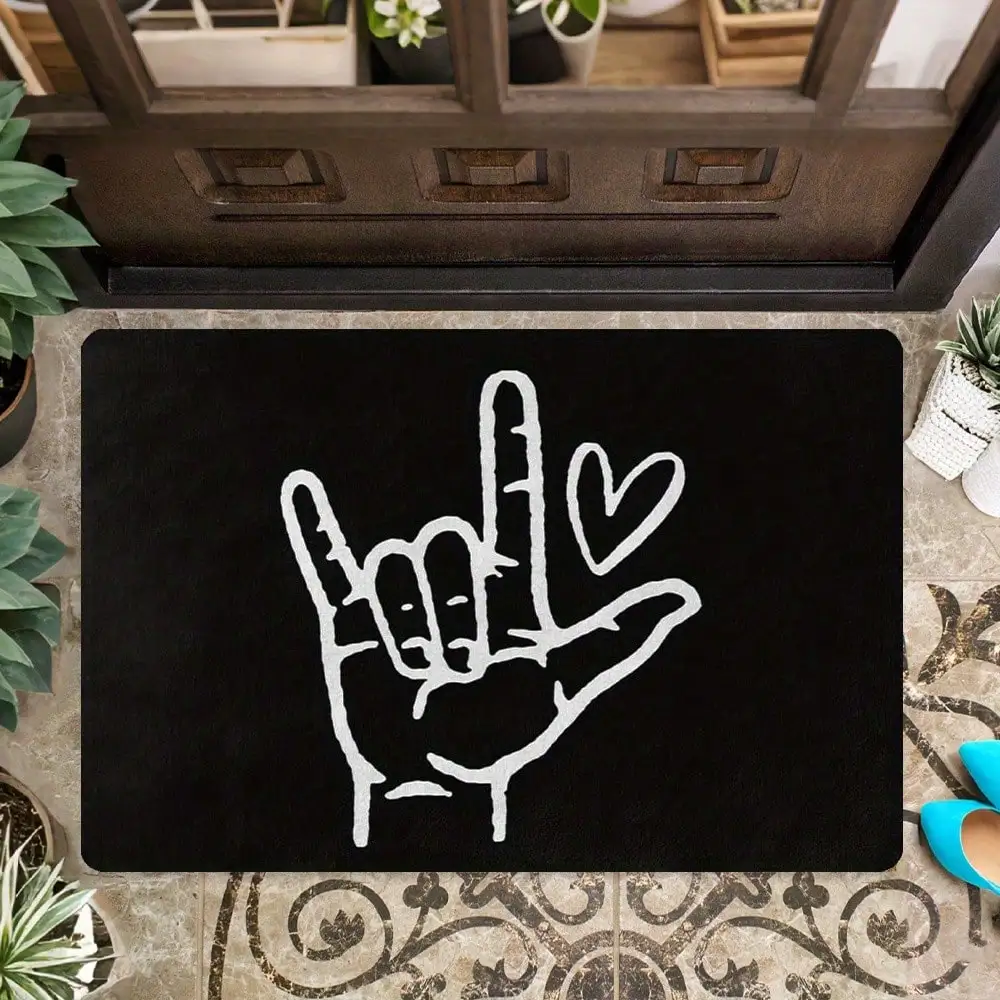 I Love You Hand Sign Door Mat White Outline Gesture Rug with Heart Non-Slip Entrance Mat for Home Rock Theme DecorMultiple Sizes