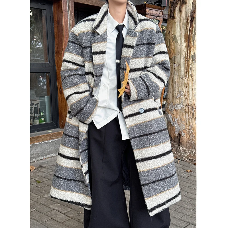 Autumn Winter Tartan Trench Striped Cotton-lined Woolen Coat Men Korean Loose Casual Fashion Double-breasted Couples Outwear