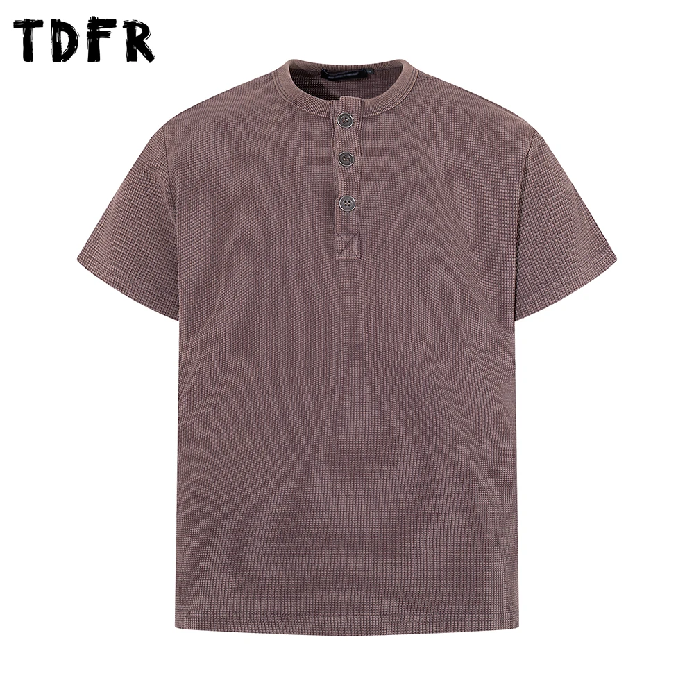 

Henley Collar Waffle Texture Short Sleeve T-shirt Mens Solid Color Summer Retro Casual Loose Half-Sleeve Cotton Tee Man Tshirt