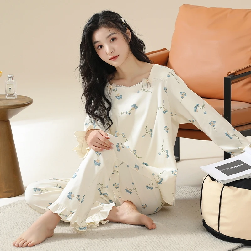 

Newest Spring and Autumn Women Pajamas Set 100% Cotoon Pyjama Female Long Sleeve Sleepwear Girls Floral Homewear