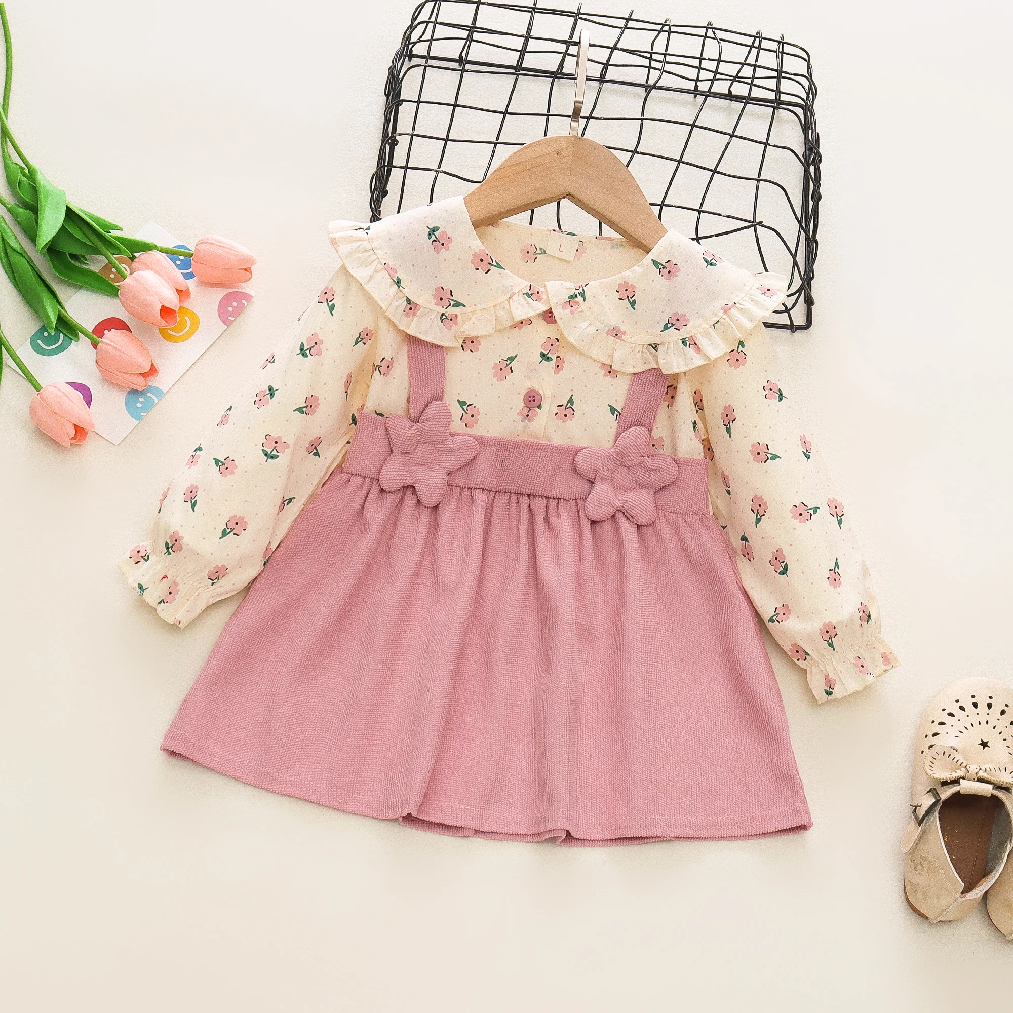 Autumn New Newborn Girls Long Sleeve Dress Cartoon Fragmented Flower Lapel Baby Princess Dress Flower Strap Dress