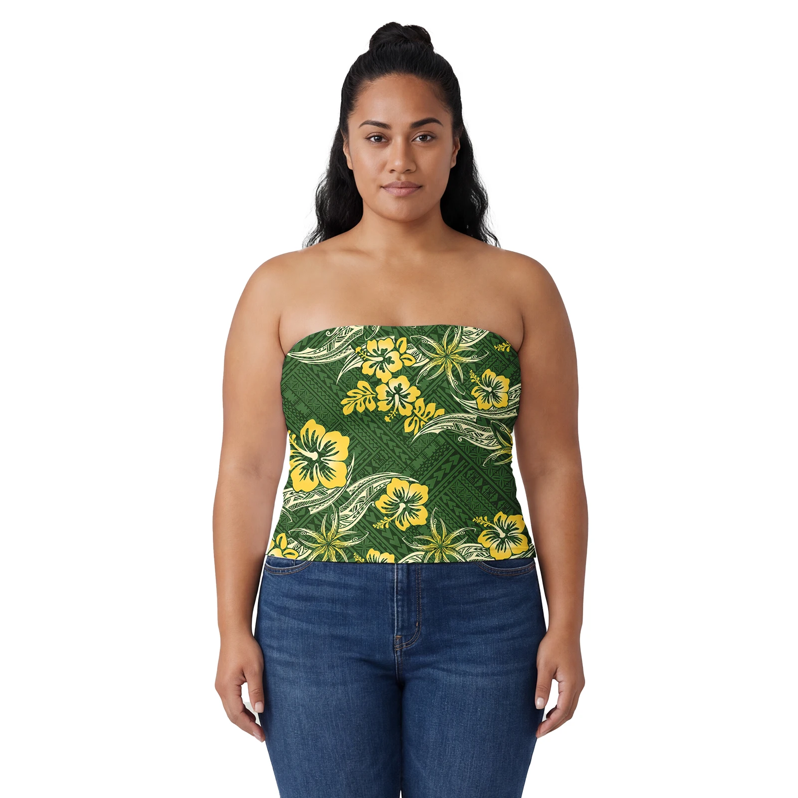 Custom Logo Samoan Cold Shoulder Tube Top Polynesian Ladies Outfits Wrap Chest Tops for Women Mokihana Lei Craft Design Hawaiian