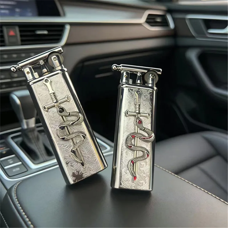 New High-end Handmade Retro Cross Shaped Grinding Wheel Lighter Butane Gas Portable Metal Open Flame Lighter Smoking Gift