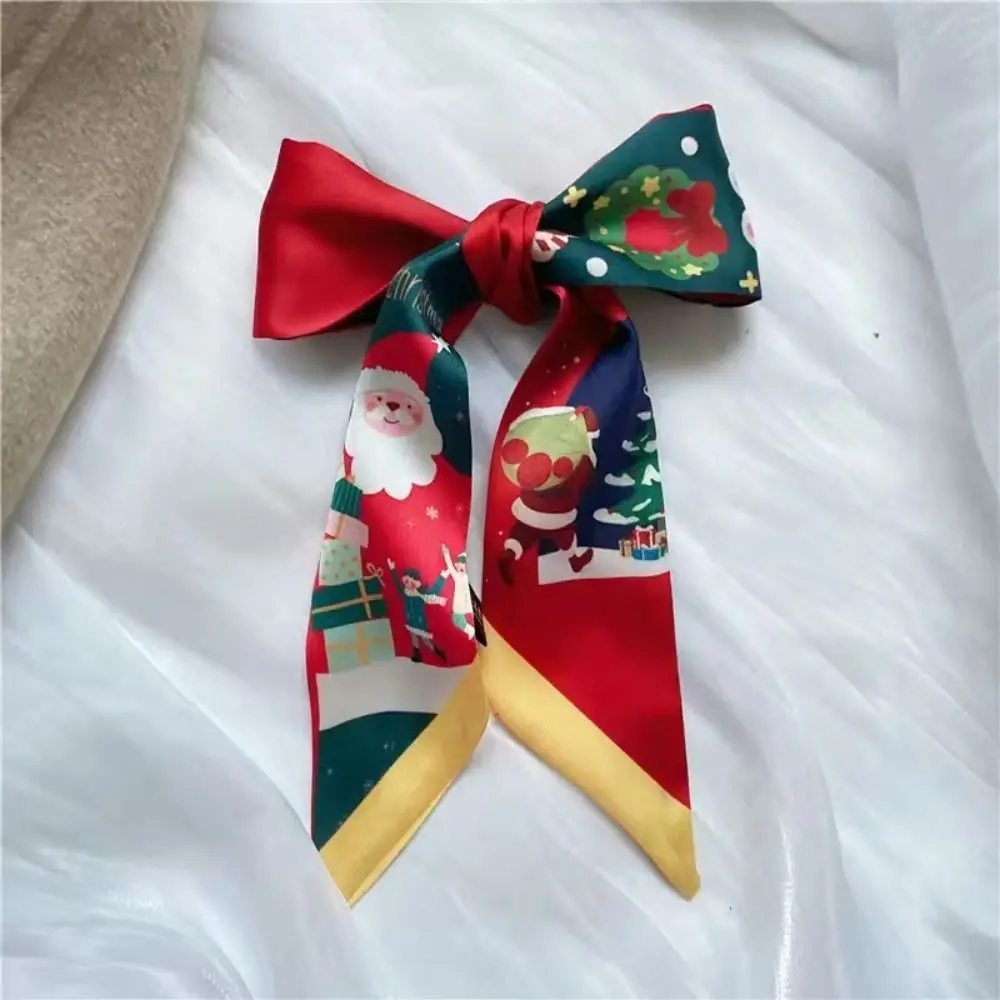 Women Christmas Printed Silk Scarf Multi-Function Ribbon Headband Hair Band Elk Neckerchief New Year Scarf Christmas Decorations