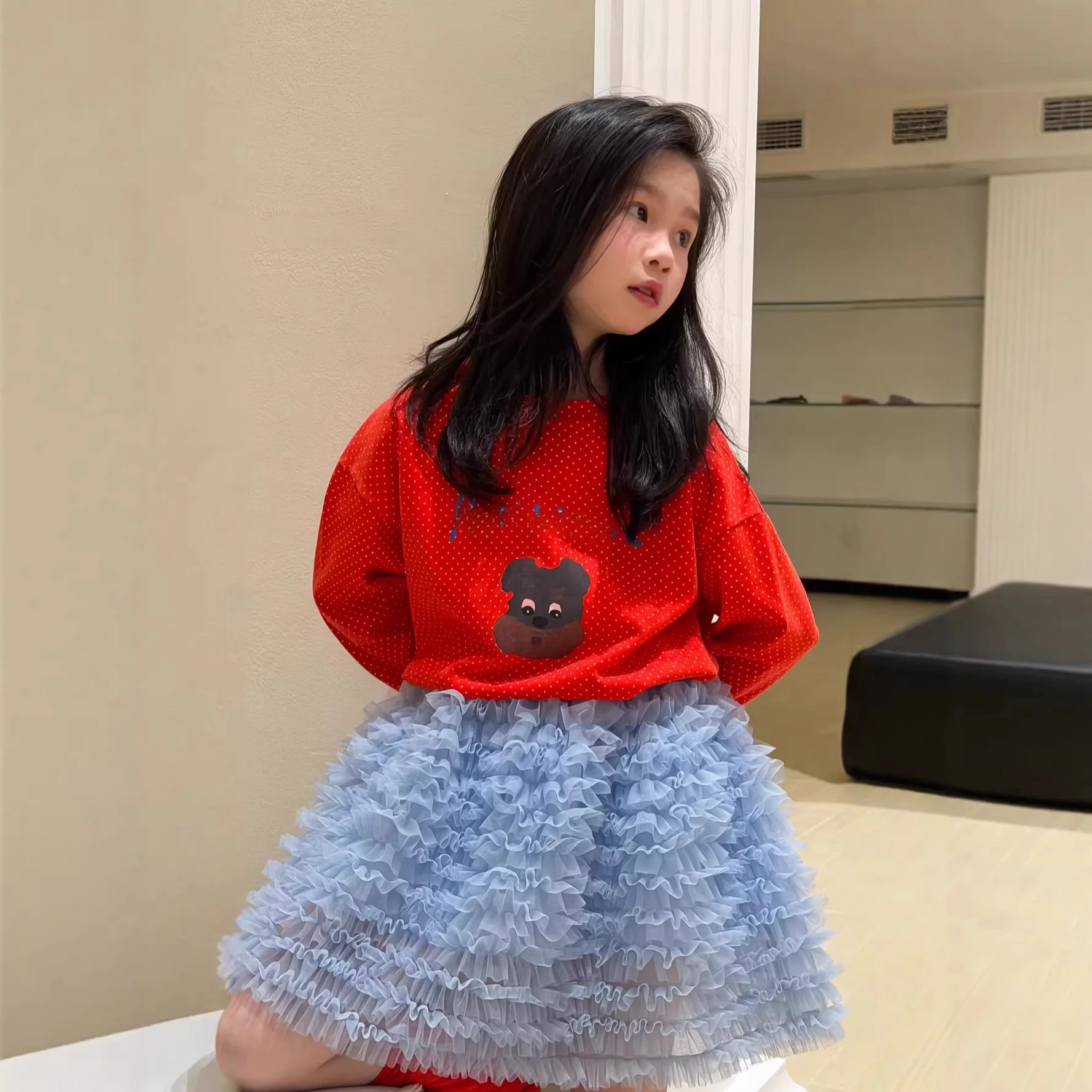 Spring 2026 Girls Long Sleeve T-Shirt Red Polka Dot Cartoon Letter Base Top Baby Cotton Polyester Comfortable Loose Fit Kids