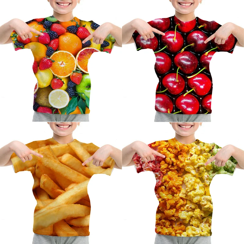 

Fresh Fruit Print Girls T-shirt Colorful Candy Children's Short Sleeve Summer Kids Casual T shirts Boy Sports Shirt French Fries