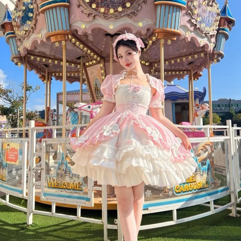 Japanese Korea Fashion Kawaii Girl Puff Short Sleeveless Princess Dress For Women Lolita Laminated Flounces Mini Dresses Slim