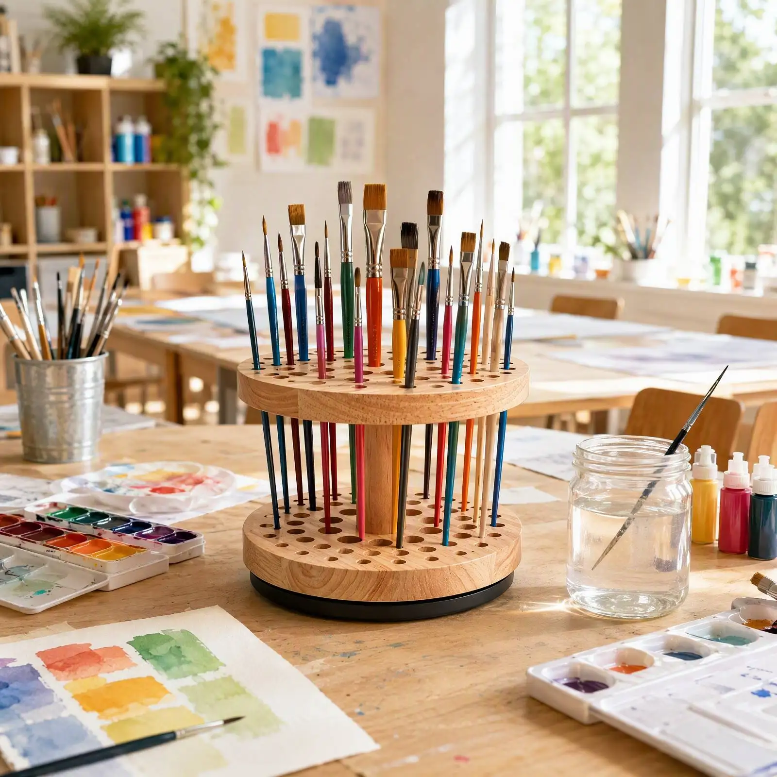 360° Rotating Wooden Pen Holder 2-Tier Multi-Hole Desktop Organizer for Art Brushes Embroidery Tools
