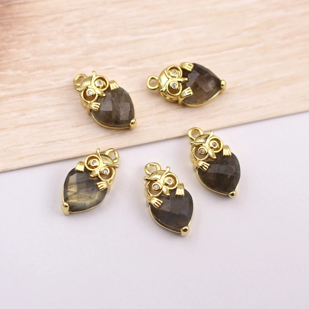 10pcs DIY Jewelry Accessories Owl Shape Natural Labradorite Stone Green Jade Stone Pendant CZ Charms