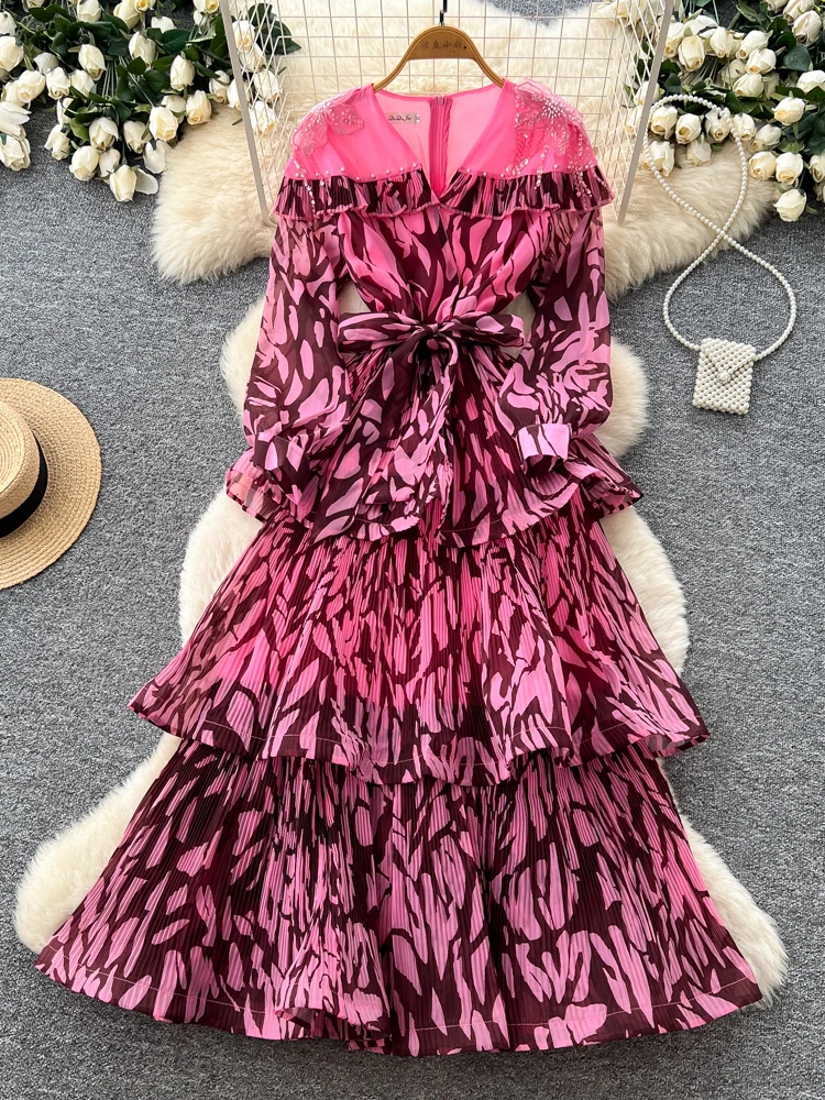 

Элегантное женское платье в корейском стиле с длинным рукавом, А-силуэта, с многослойной юбкой с оборками и принтом, приталенное, для офиса, модное, в стиле «торт»