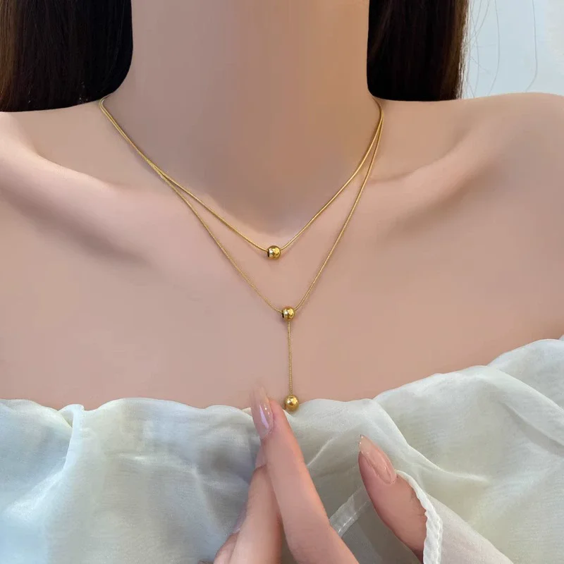 316L Stainless necklace new necklace women Gold colour clavicle round bean double layer women necklace confidence beautiful