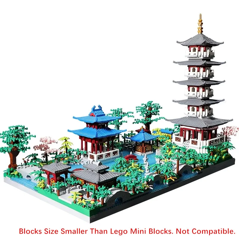 5186PCS Chinese Architecture Micro Building Blocks Tower West Lake Trees DIY Diamond Bricks with Light Toy for Kids Adults Gifts