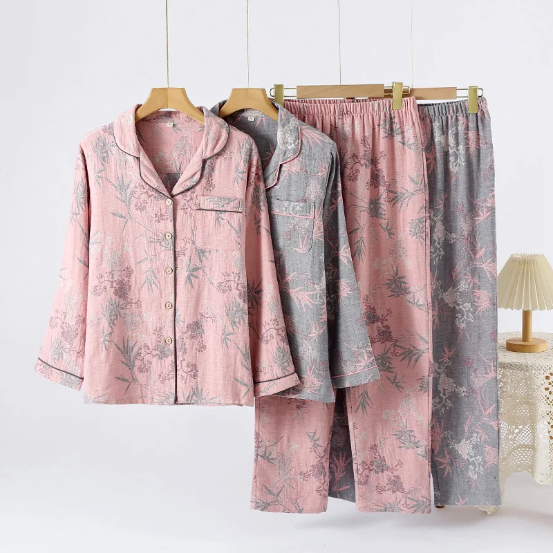 Vintage Yarn-Dyed Women‘s Cotton Double Gauze Pajama Set, Lapel Collar Button-Down Long Sleeve & Long Pants, Relaxed Fit, Breath