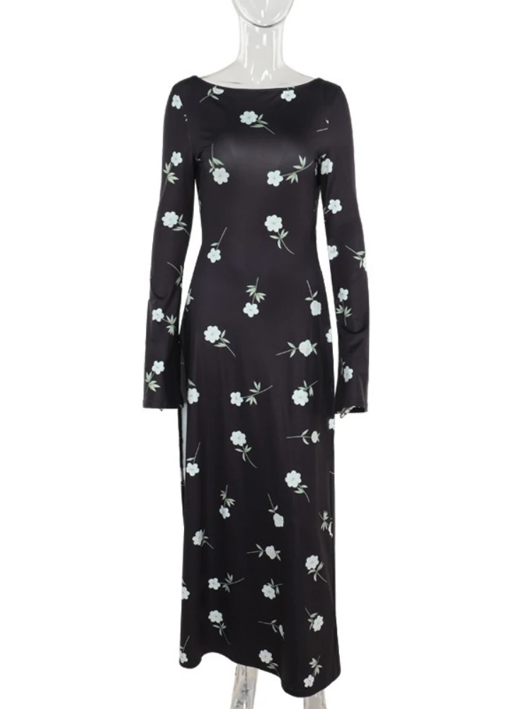 Tossy Printing Backless Maxi Dress Female Flared Sleeves Slash Neck Contrast Elegant Slim High-Waist Women’s Bodycon Maxi Dress