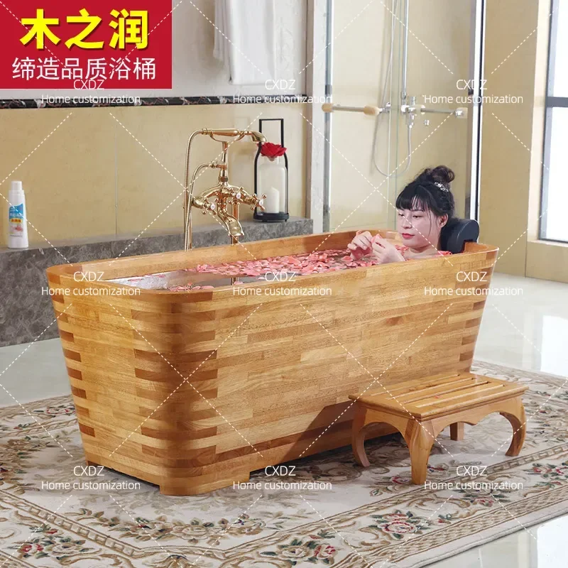 Solid Wood Square Bath Barrel for Adults Household Oak Wooden Soaking Tub Spa Massage Bucket for Home Beauty Salon Use