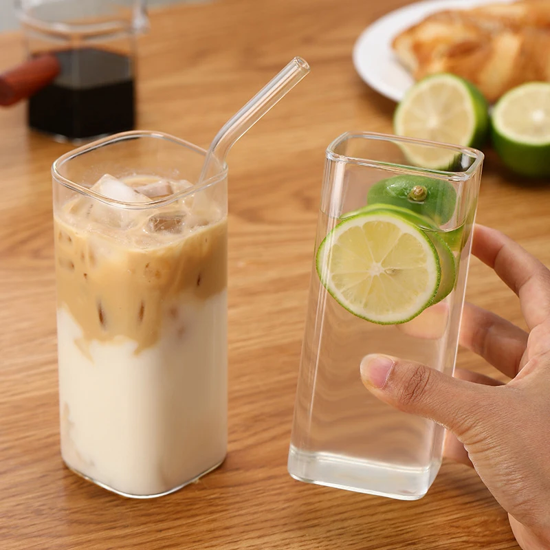 1/2/4PCS Square Heat Resistant Coffee Glass Cup With Lid and Straw Transparent Milk Tea Juice Cups Coffee Mug Drinkware