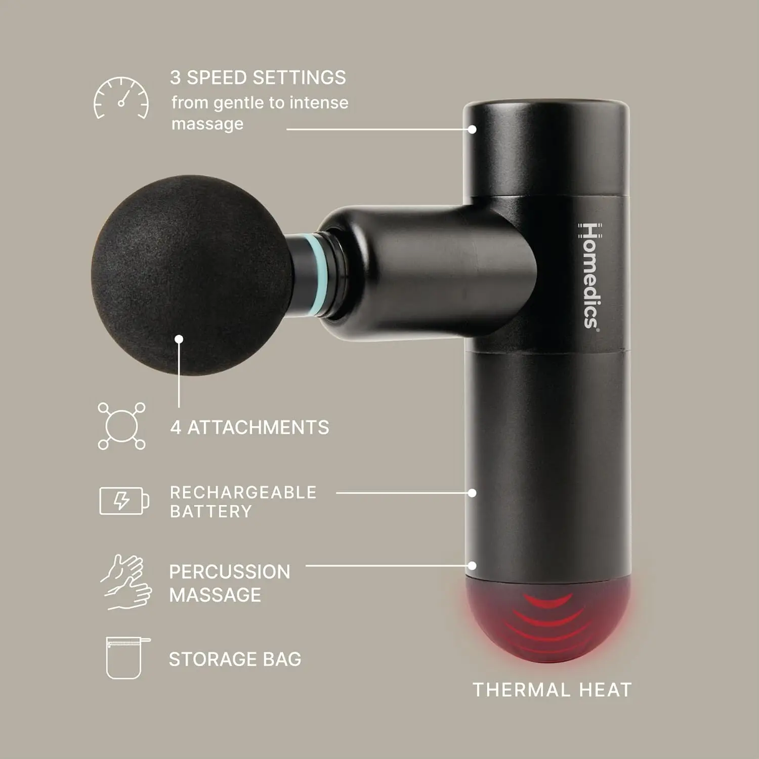 Therapist Select Compact Percussion Massager, 4 Attachments, Heat, Rechargeable, 3 Levels, Cordless Travel Massager