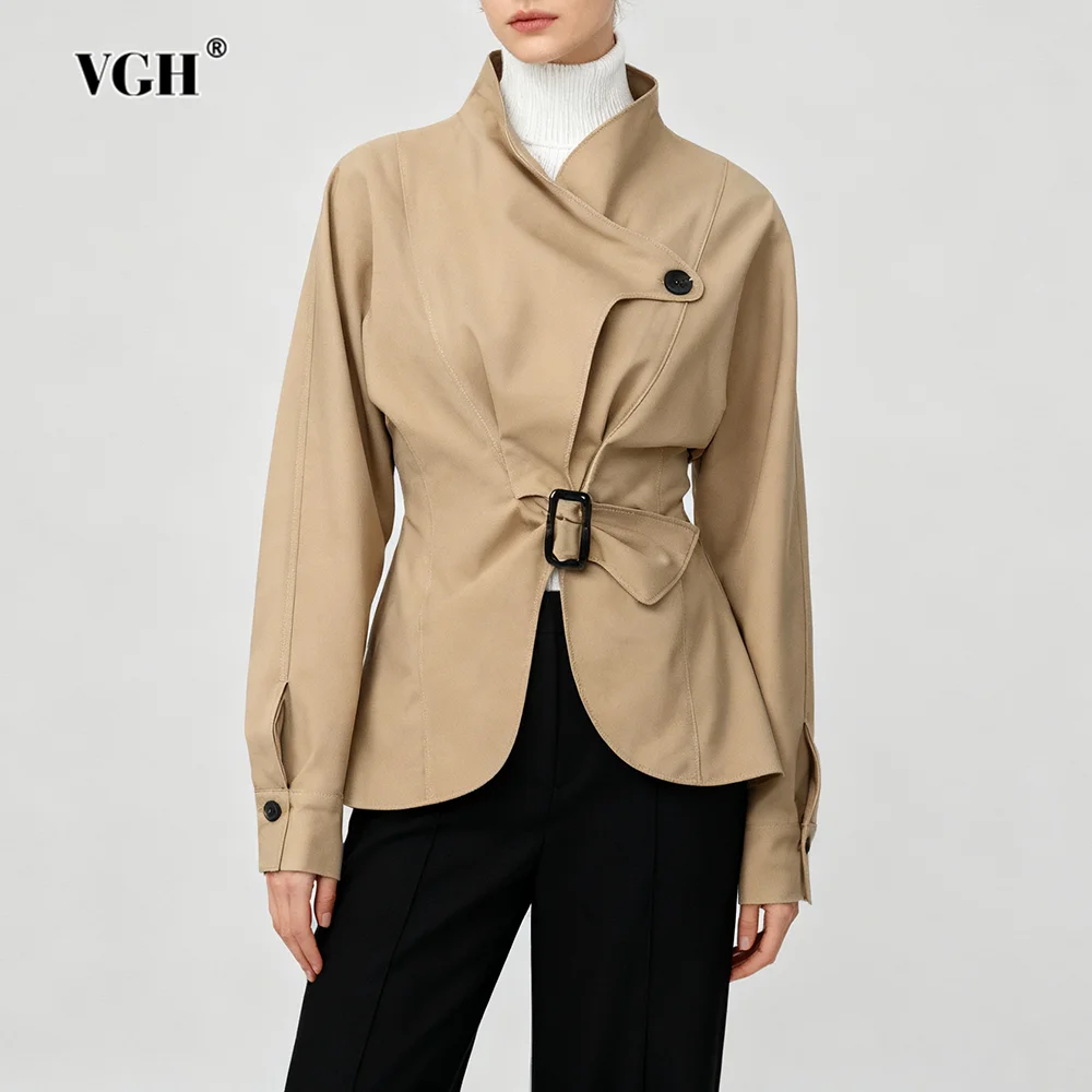 

VGH Slimming Solid Short Jackets For Women Stand Collar Long Sleeve Autumn Irregular Clipping Commute Coat Female Fashion New