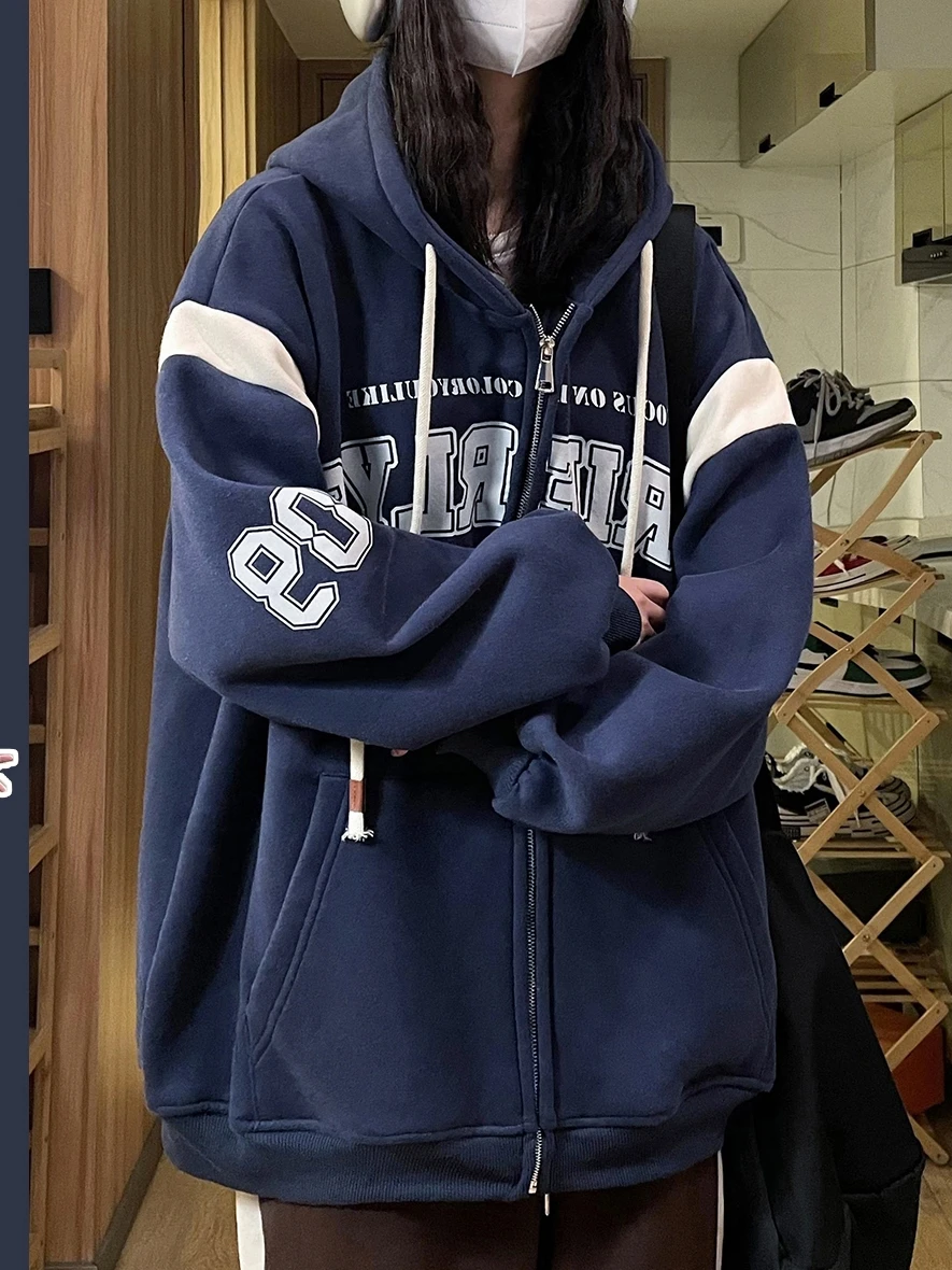 Retro Hong Kong Style Chic Women's Jacket Spring 2025 New Loose Hooded Baseball Coat Sport Open Cardigan Sweatshirt