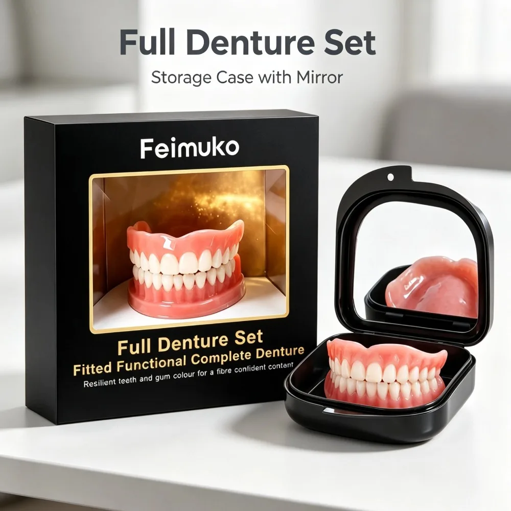Natural Full Denture Set Silicone Fake Teeth Braces Realistic Comfortable Upper & Lower Full Mouth Dentures For Edentulous Adult