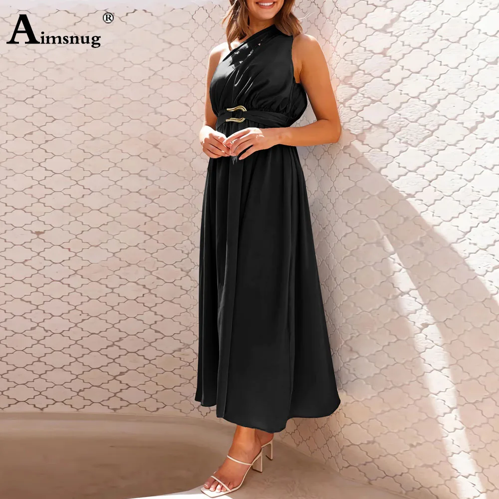 Women Elegant Long Maxi Dress Sexy Diagonal collar Party Evening Dresses 2024 New Summer Fashion Sleevelesss Waist Sashes Dress