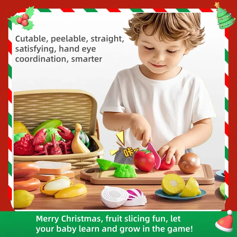 어린이 주방 시뮬레이션 놀이 세트 과일 및 채소 자르기 껍질 벗기기 장난감 어린이 크리스마스 선물 놀이 집 액세서리
