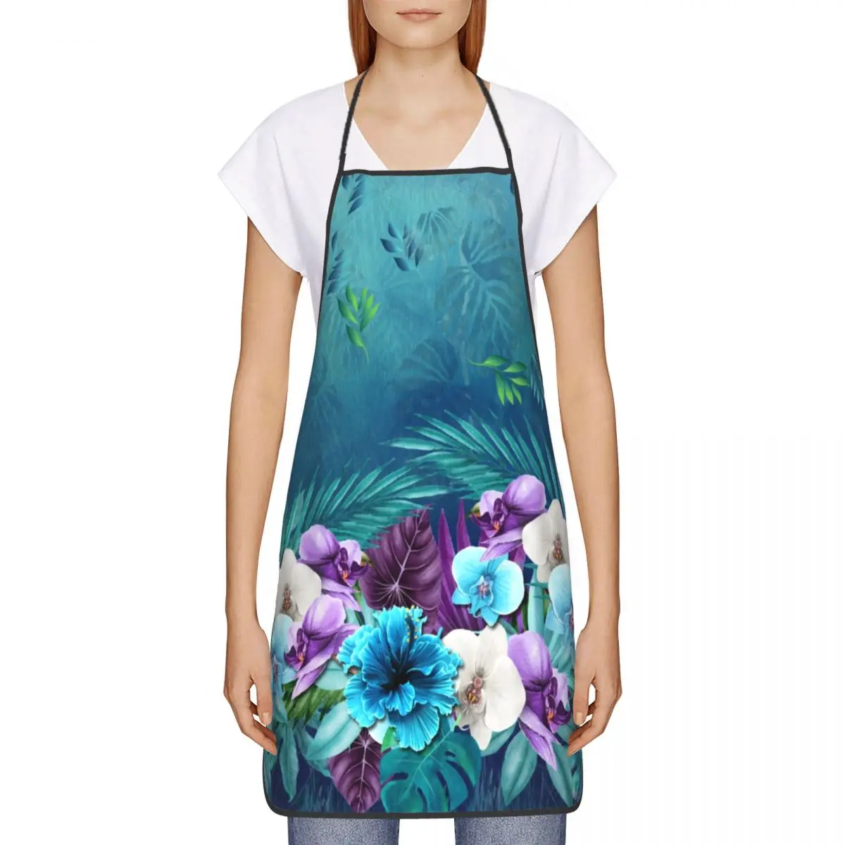 Unisex Blue Forest Tropical Plants Apron Kitchen Chef Cooking Baking Bib Men Women Flowers Floral Tablier Cuisine for Gardening