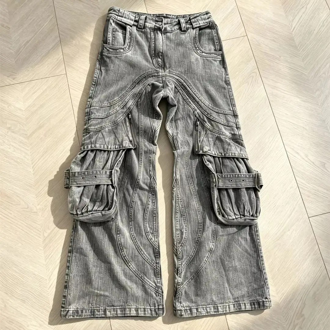 Multi‑Pocket Washed Cargo Jeans Wavy Texture Long Trousers 3D Cutting Loose Straight Denim Pants Unisex Streetwear Casual Jeans