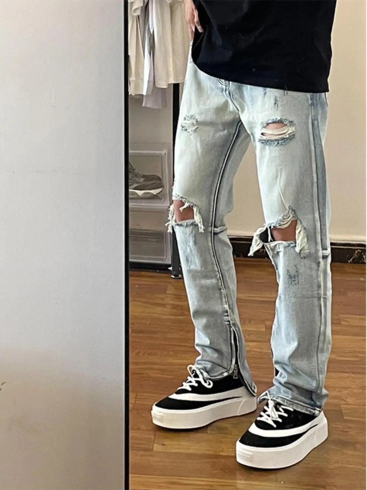 

Летние тонкие мужские джинсы в американском стиле хип-хоп с боковой молнией, винтажные, с эффектом потертости, повседневные, свободного прямого кроя