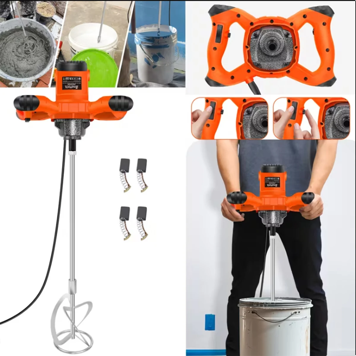 Miscelatore Elettrico Arancione da 2500W per Intonaco, Malta e Vernice con 6 Velocità