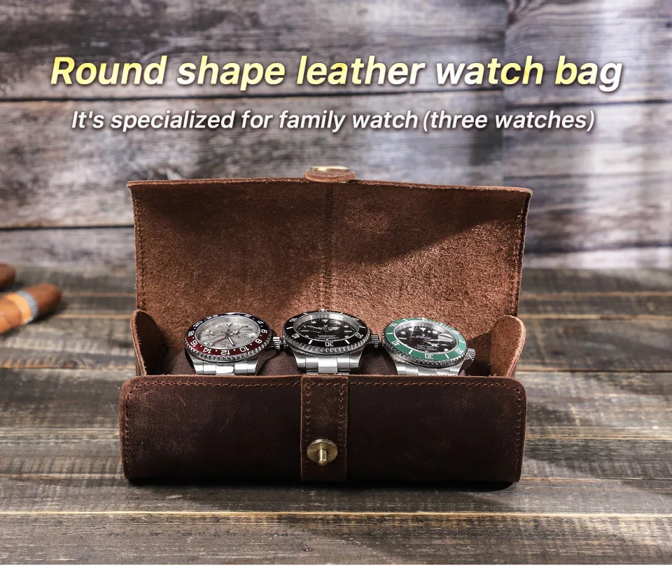 Luxury Handmade Watch Roll Box Organizer 3 Slots Wa tch Travel Leather Case Holder for Men and Women with Buckle Watch Boxes