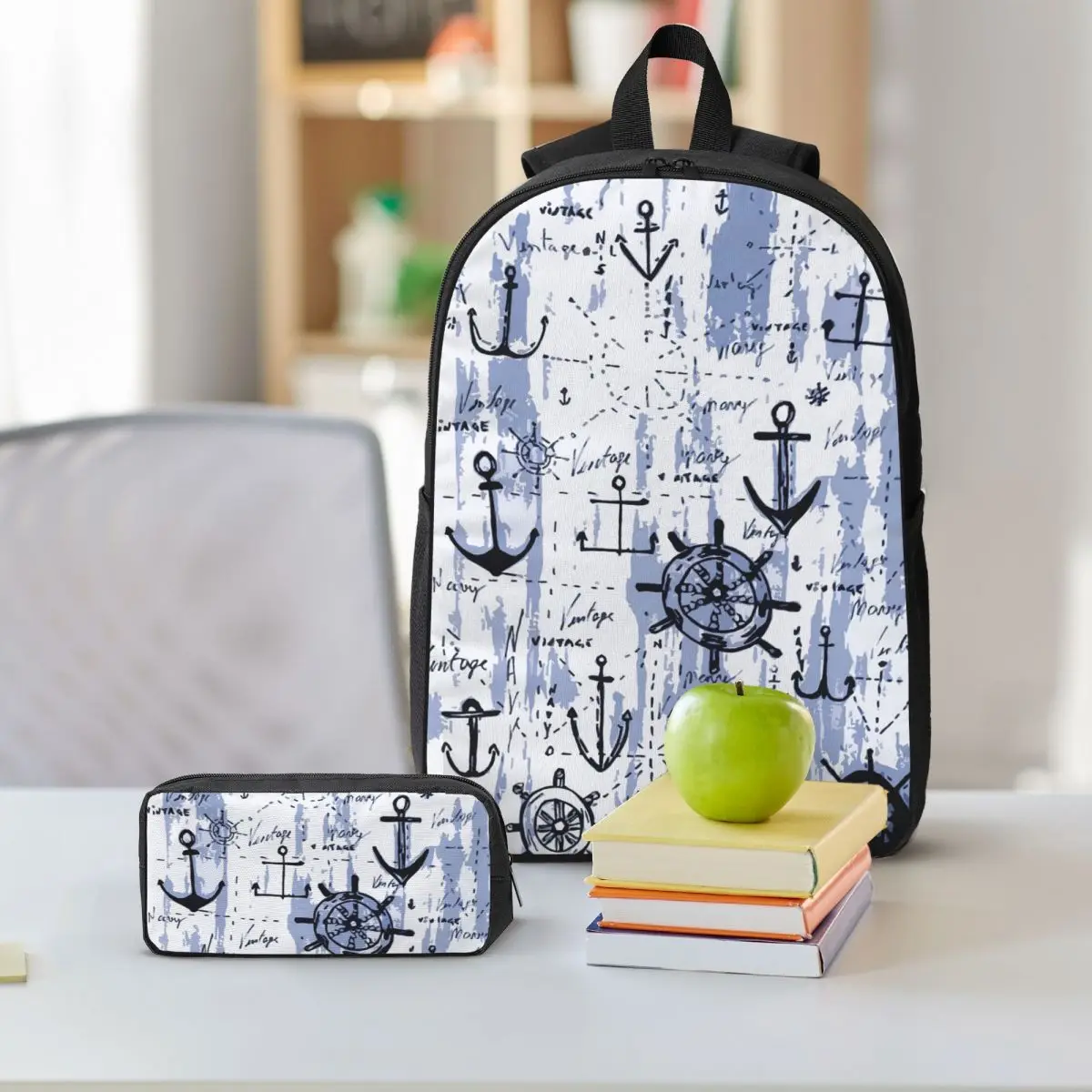 Navy Blue Nautical Anchor-Shaped Backpack Boys Girls BookBag School Bag Shoulder Bags 3ps Insulated Lunch Bag Pencil Case