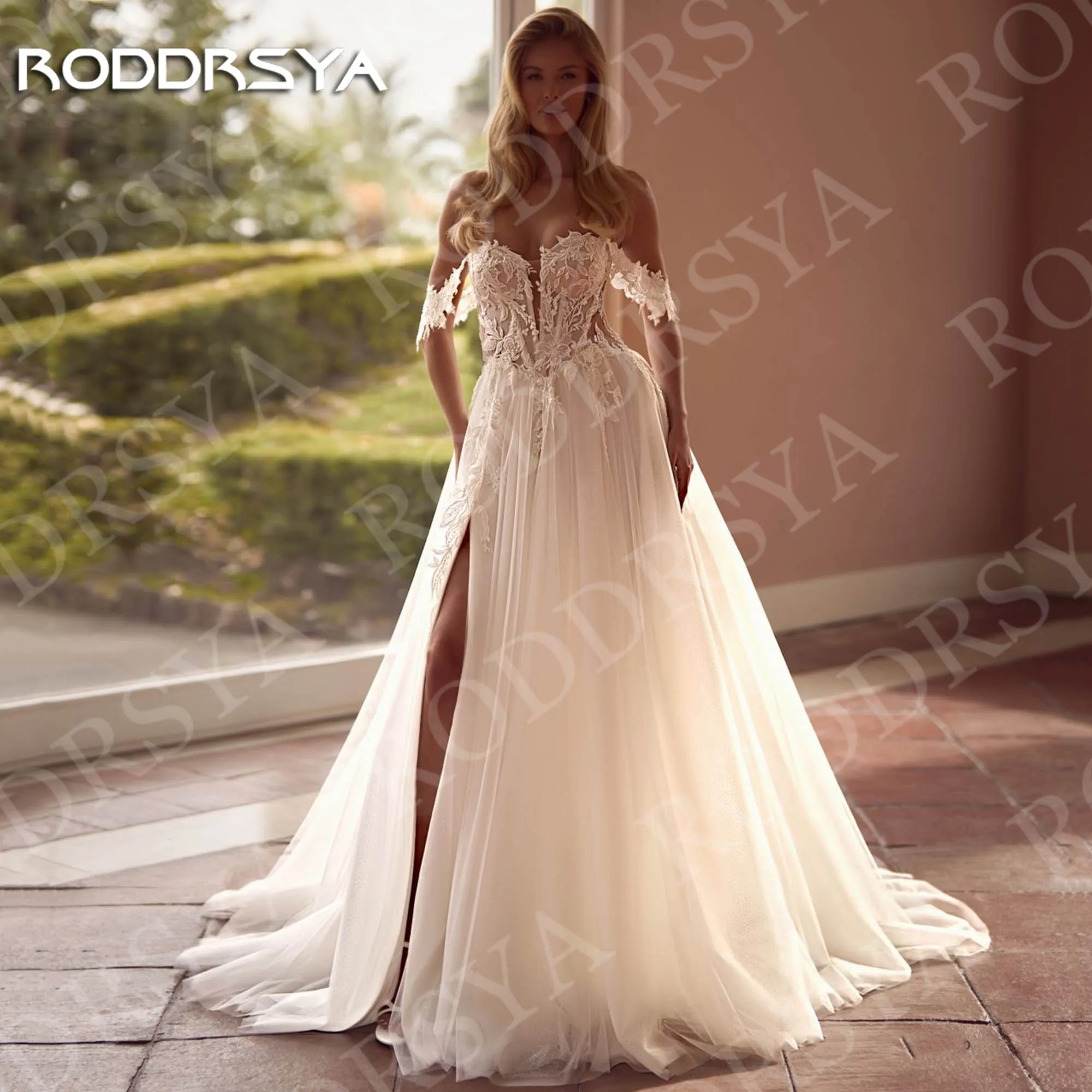 

RODDRSYA Vintage Wedding Dresses A Line Bridal Gowns Lace Sweetheart Off Shoulder High Slit Tulle Bride Dress Woman Customized