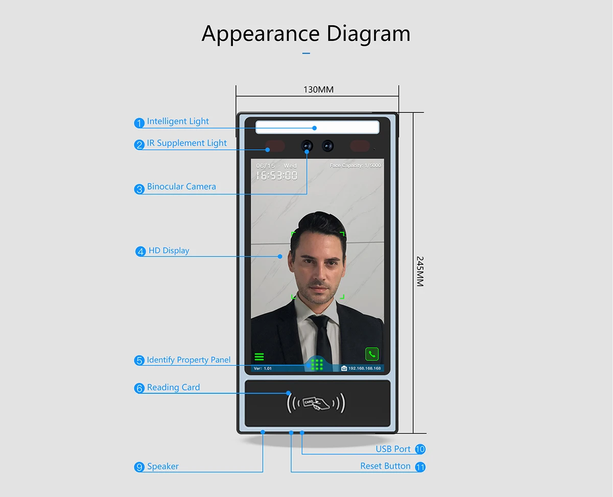 WiFi スマート生体認証顔手のひら QR コード RFID アクセス制御および勤怠管理システム用ワイヤレス ビデオ インターコム