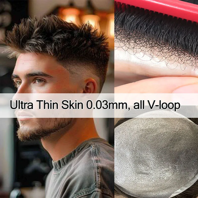 

Thin Skin 0.03mm Men Toupee Natural Hairline Human Hair Replacement Systems All V loop Male Hair Prothesis