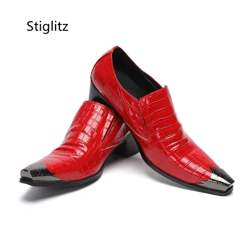 

Red Patent Leather Men's Shoes Metal Toe Slip On Casual Business Wedding Shoes Shoes Solid Color Elegant Male Dress Shoe
