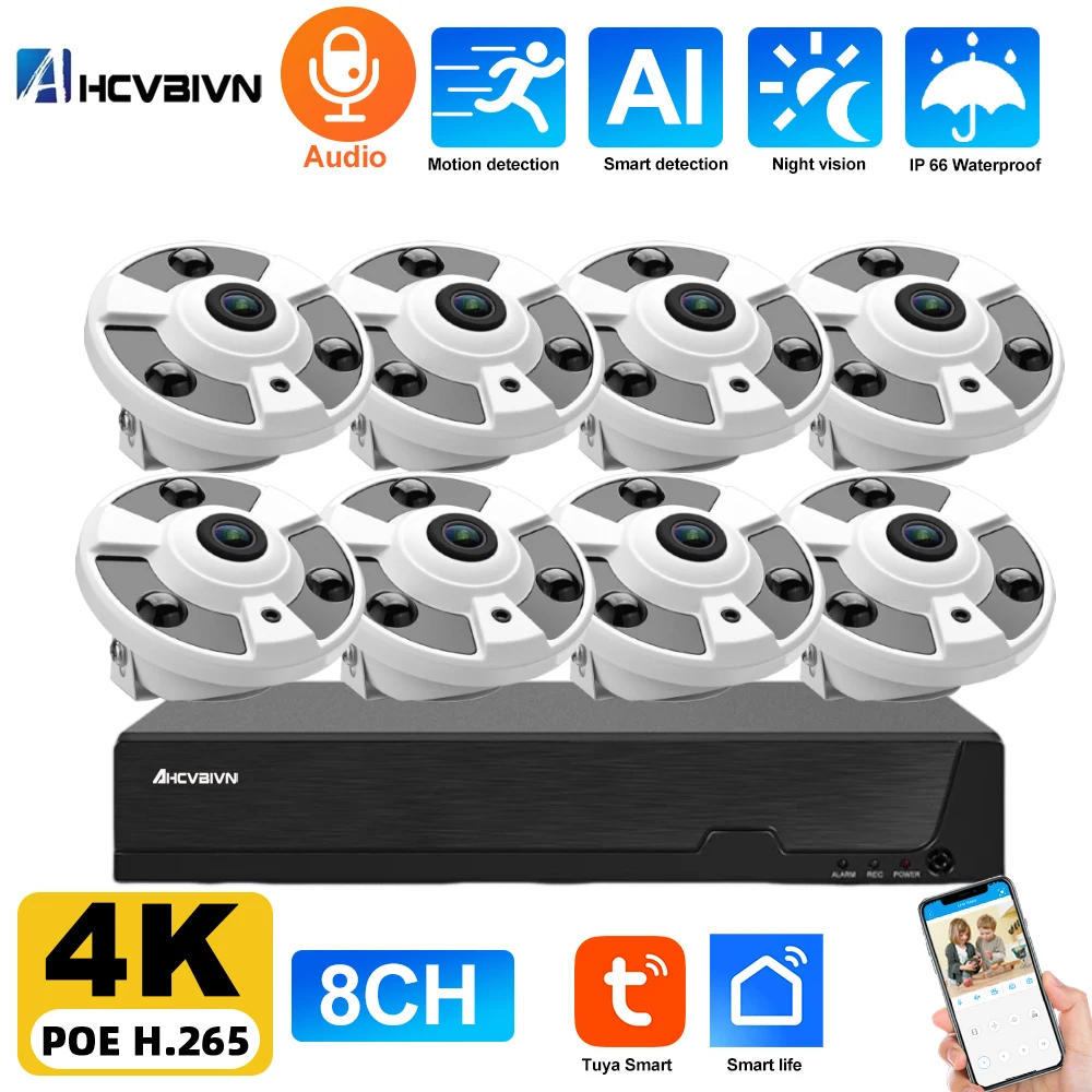 Smart Life Kit Kamera CCTV 8CH POE, perangkat kamera keamanan panorama rumah 4K dalam ruangan, sistem kamera IP pengawasan Video NVR