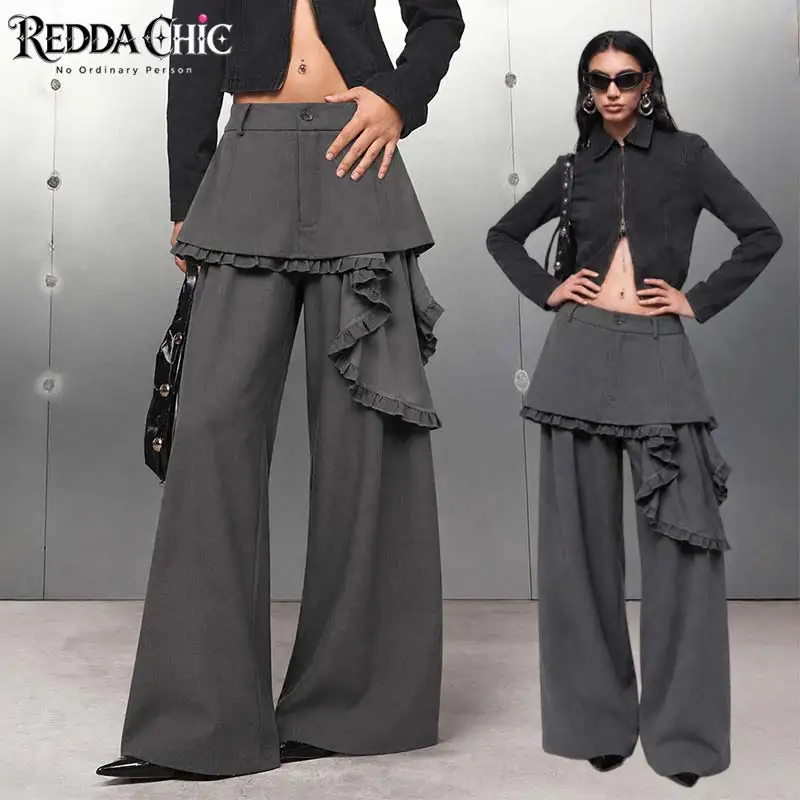 REDDACHiC Women Suit Trousers with Ruffle Skirt Overlay Vintage Low Rise Frilly Straight Baggy Pants Lounge Alternative Clothes