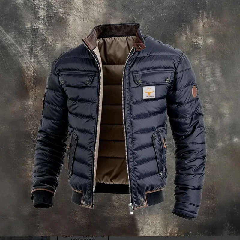 B&C Men Stand Collar Quilted Padded Jacket Vintage Contrast Trim Multi Pocket Warm Winter Casual Outerwear Coat