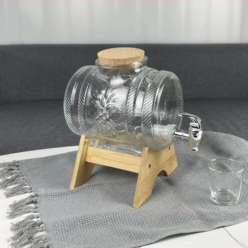 1L Beverage Barrel with Faucet Embossed Clear Glass Wine Barrel Wine Whiskey Juice Can Glass keg wine rack Beer keg